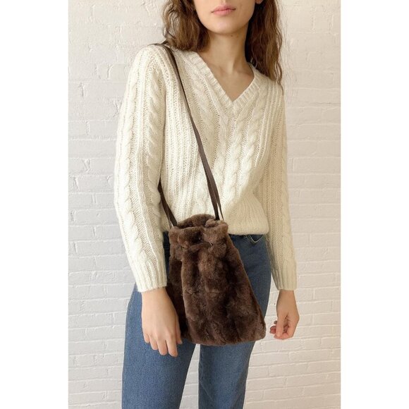 Vintage 1990s Faux Fur & Real Leather Patchwork Bucket Bag – Made in Spain - Picture 1 of 10